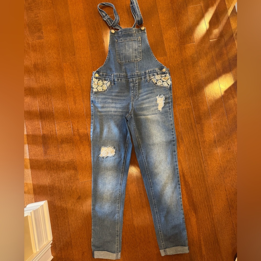 Girls Blue Denim Overalls with Distressed Accents